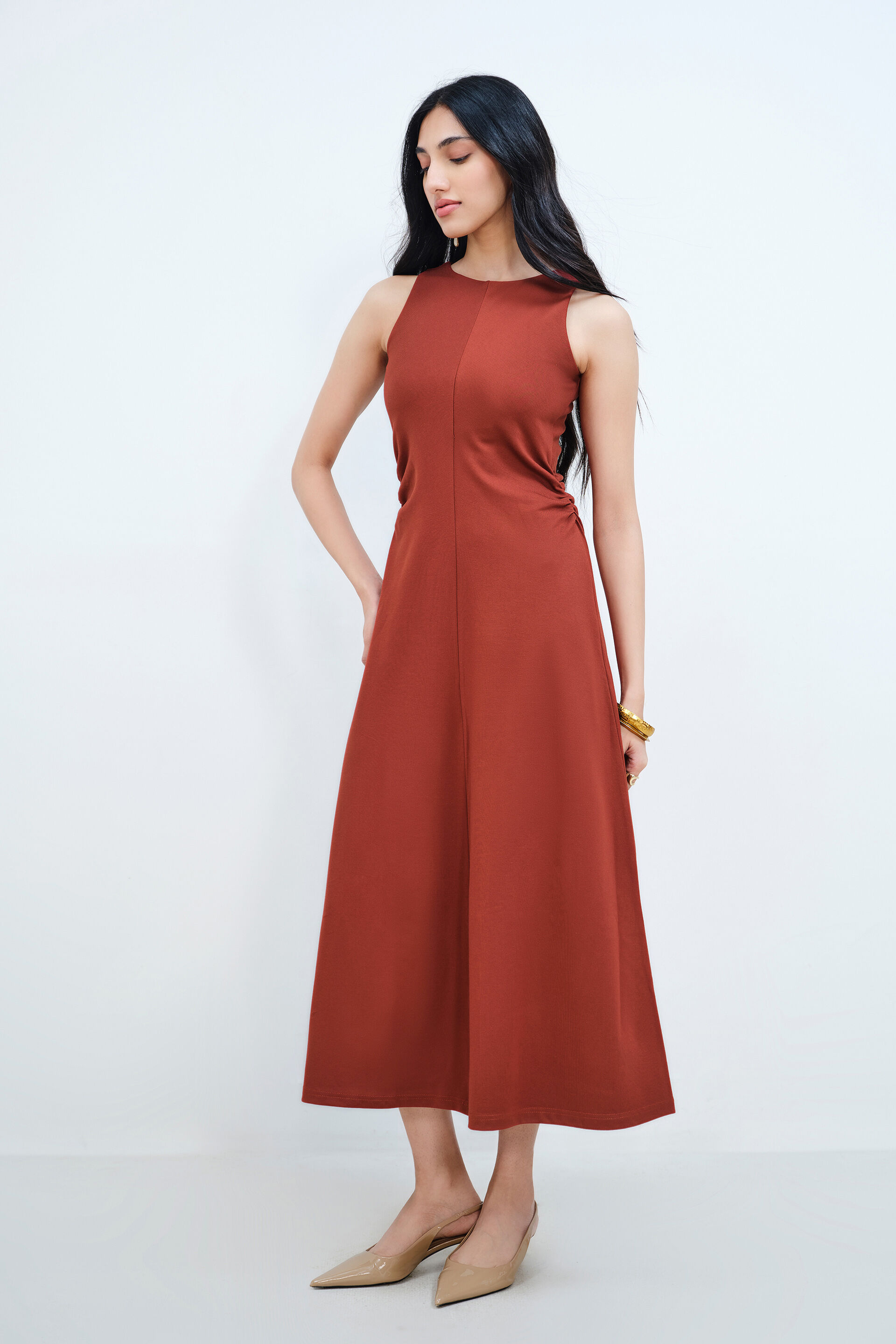 Brick Red Sleeveless Dress, Rust, image 1